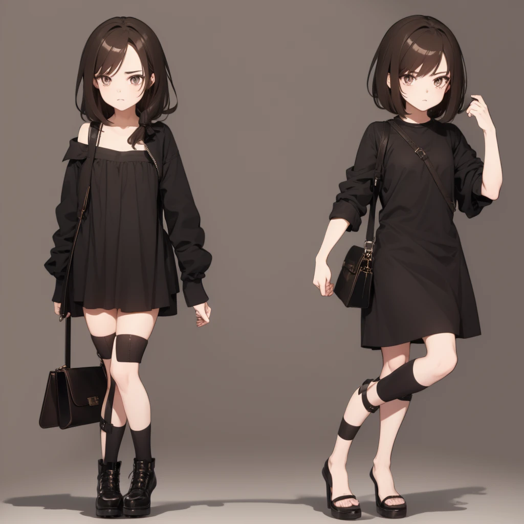 edgy girl with dark brown hair with bags under her eyes, full body view