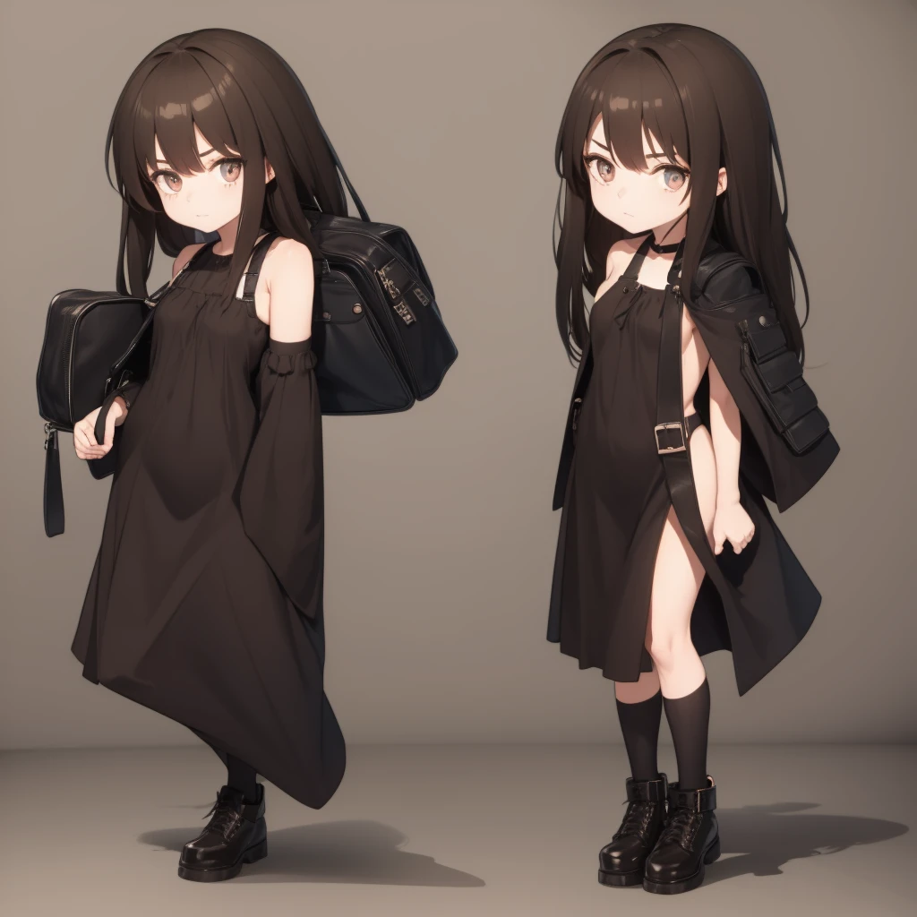 edgy girl with dark brown hair with bags under her eyes, full body view