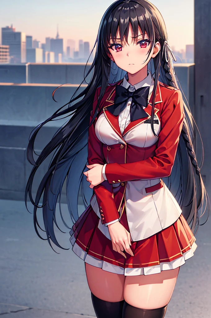 (8k, best quality, masterpiece,ultra detailed, ultra high res:1.2), nsfw, skirt lift, show panties, 
1girl, 
Suzune Horikita, 
Suzune Horikita \(youjitsu\),
long hair, braid, 
black hair, 
red eyes, slant eyes, small eyes, 
blue bow, 
medium breasts, 
red jacket, long sleeves, white skirt, pleated skirt, black thigh-high socks, 
looking at viewer, 
cowboy shot, background of outdoor, school building, 