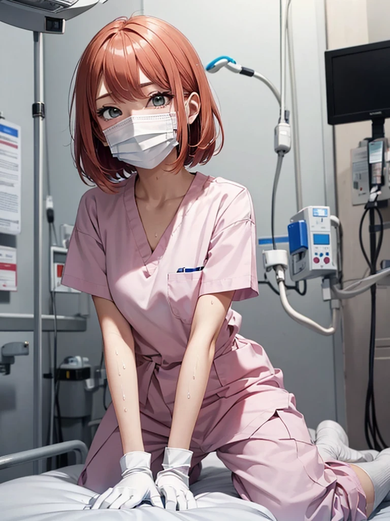 Beautiful young woman, Anime Style, Detailed face, Redhead, Wet Hair, Big eyes, pinkの目, Delicate features,One Girl, alone, nurse, pink, White gloves, Very short hair, Orange Hair, ((White surgical mask, Covered Nose)), Lying down, ((Hospital room)), Sharp contours, Short sleeve, Tomboy, boyish, Highest quality, masterpiece、No hat、erotic、sexy、pants、