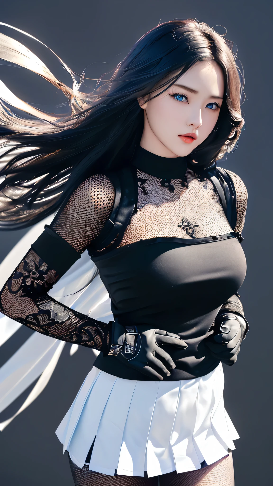 最high quality、Best image quality、masterpiece、With a girl((Dutch、cute、20-year-old、Best Bust、Medium Bust、Bust 85,Beautiful Blue Eyes、Spread your chest wide,Long black hair、Slender、The best valley、、Blue Y-shirt、White short skirt,Show the whole body、Black perforated gloves)）high quality、Beautiful art、background((School、School zone、Strong winds)),Tabletop、Exquisite design、Visual Arts、Depth of written boundary、Best lighting、Highest detail、8ｋ