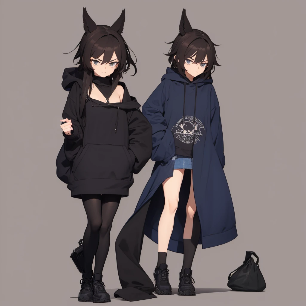 edgy girl with dark brown hair with bags under her eyes, wearing a dark blue hoodie, blue miniskirt and black thigh high socks. She has a grumpy look and a frown on her face. Full body view