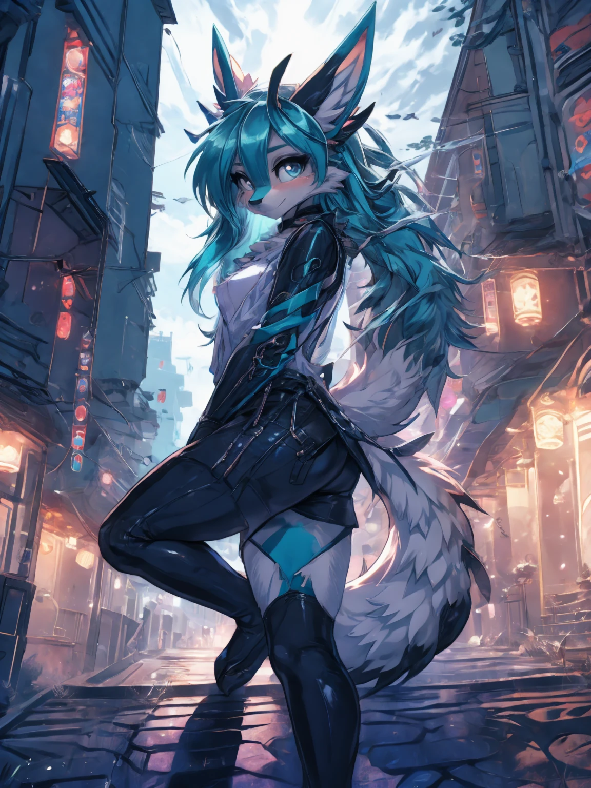 anime girl,tennage girl 18 years old, anime style, cute hatsune miku x suicune, centaurys girl,shy girl , kitsune ears, dark natasha art, city landscape, art by vixen aztra, full body high definition in details the best image quality, naked feet add_detail:1, prostitute girl add_detail:1, black bondage body add_detail:1