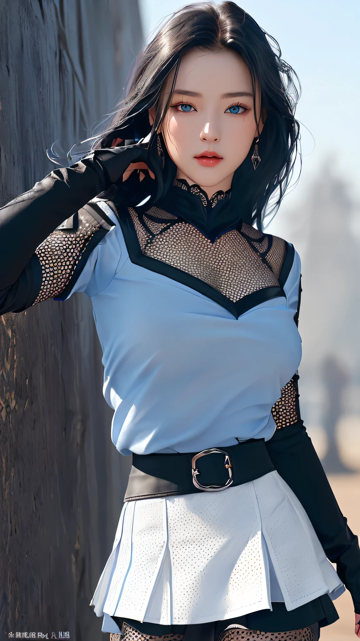 最high quality、Best image quality、masterpiece、With a girl((Dutch、cute、20-year-old、Best Bust、Medium Bust、Bust 85,Beautiful Blue Eyes、Spread your chest wide,Long black hair、Slender、The best valley、、Blue Y-shirt、White short skirt,Show the whole body、Black perforated gloves))high quality、Beautiful art、background((School、School zone、Strong winds)),Tabletop、Exquisite design、Visual Arts、Depth of written boundary、Best lighting、Highest detail、8k