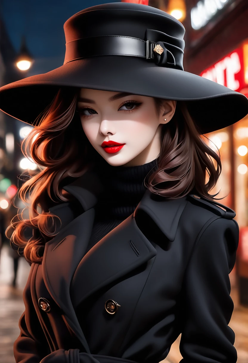 Magazine design，Fashion magazine cover，Black woolen trench coat，Round hat-wide brim，Pull the brim of your hat down to cover your eyes，Handsome，Elegant temperament，1 Girl，Big red lips