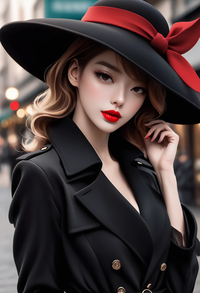 Magazine design,Fashion magazine cover,Black woolen trench coat,Round hat-wide brim,Pull the brim of your hat down to cover your eyes,Handsome,Elegant temperament,1 Girl,Big red lips