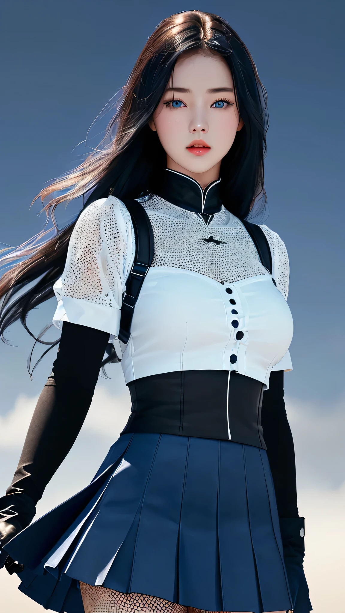 最high quality、Best image quality、masterpiece、With a girl((Dutch、cute、20-year-old、Best Bust、Medium Bust、Bust 85,Beautiful Blue Eyes、Spread your chest wide,Long black hair、Slender、The best valley、、Blue Y-shirt、White short skirt,Show the whole body、Black perforated gloves))high quality、Beautiful art、background((School、School zone、Strong winds)),Tabletop、Exquisite design、Visual Arts、Depth of written boundary、Best lighting、Highest detail、8k