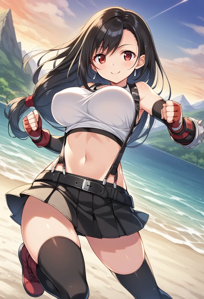 ,2020s_(style),,core_9, score_8_up, score_7_up,score_6, score_5,rating_safe BREAK , (from front),front view,Dutch angle,(breast focus),standing,fighting pose,((leg up,kick)),(medium shot),looking_at_viewer ,1girl, tifa lockhart, final fantasy, tareme,black hair, low-tied long hair, red eyes, bangs, (white tank top, belt, pleated skirt, thighhighs, elbow fingerless gloves, elbow pads, midriff, navel,suspender skirt) ,large_breasts,(light smile),,,Solo,,(daytime and outdoor and mountain),detailed skin,beautiful,(best quality),(aesthetic,very aesthetic),studio anime,highly detailed,super fine illustration,anime screencap ,soro focus,depth of field,,professional lighting,cinematic lighting