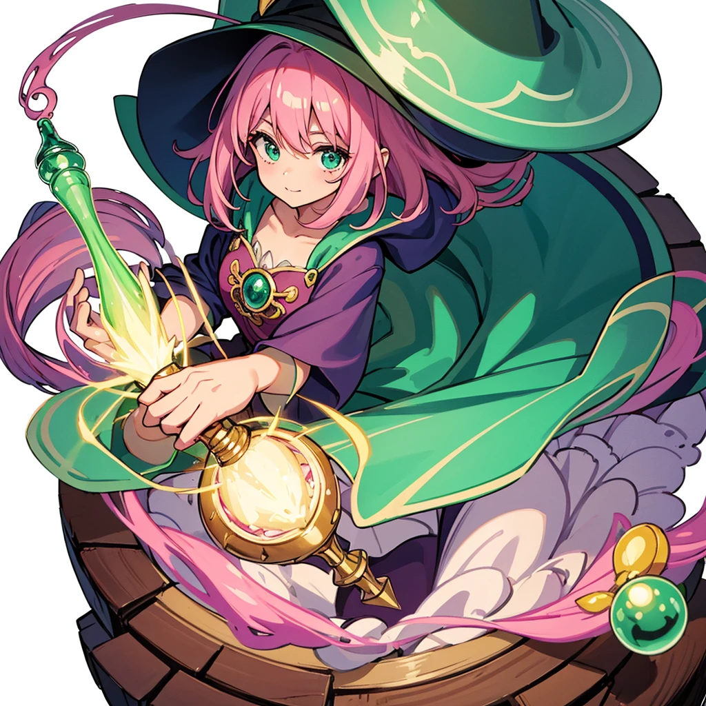 Highest quality, Best Quality,Best illustrations、Fantasy RPG Shopkeeper Witch、(Pink Hair)、(Green color clothes)、(Magic wand)、(The magic of light)、(White background)、(Medium Hair、30 years old)