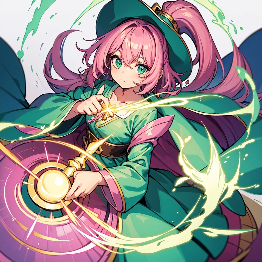 Highest quality, Best Quality,Best illustrations、Fantasy RPG Shopkeeper Witch、(Pink Hair)、(Green color clothes)、(Magic wand)、(The magic of light)、(White background)、(Medium Hair、30 years old)