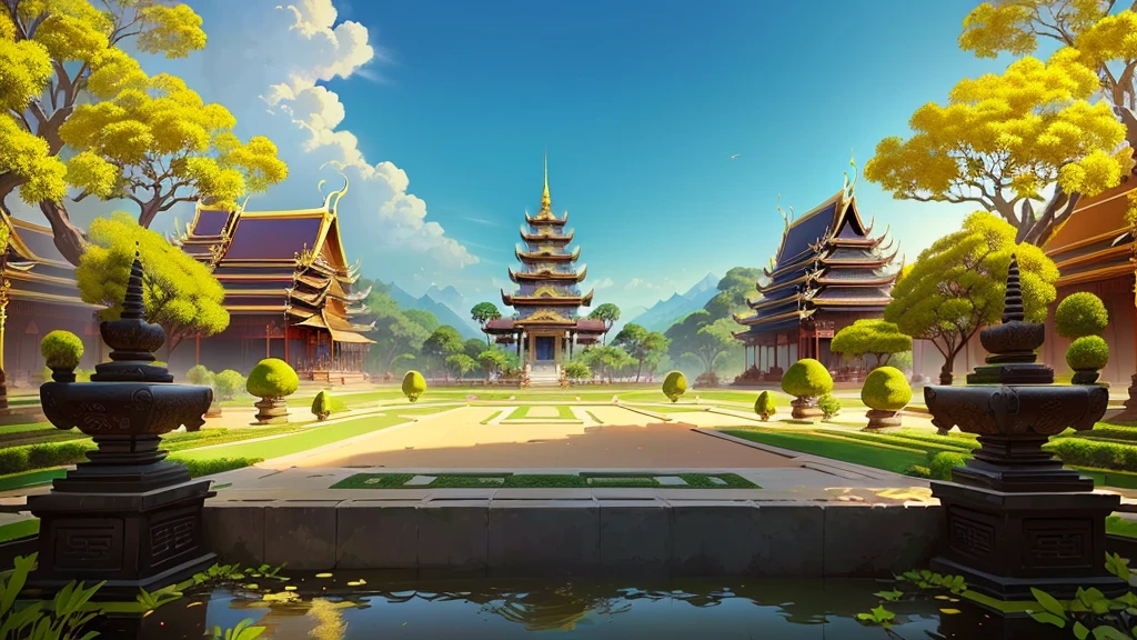 there is a painting of a courtyard with 2 gold elephants statue thailand and thailand temple, arena background, mobile game background, background art, background artwork, palace background, game background, temple background, volley court background, zen temple background, anime background art, royal garden background, amazing wallpaper, anime background, 2 d game art background, park background, anime scenery concept art, videogame background, Cassia fistula, far architect thailand, thailand temple, temple behind, thailand mood, thailand backgound