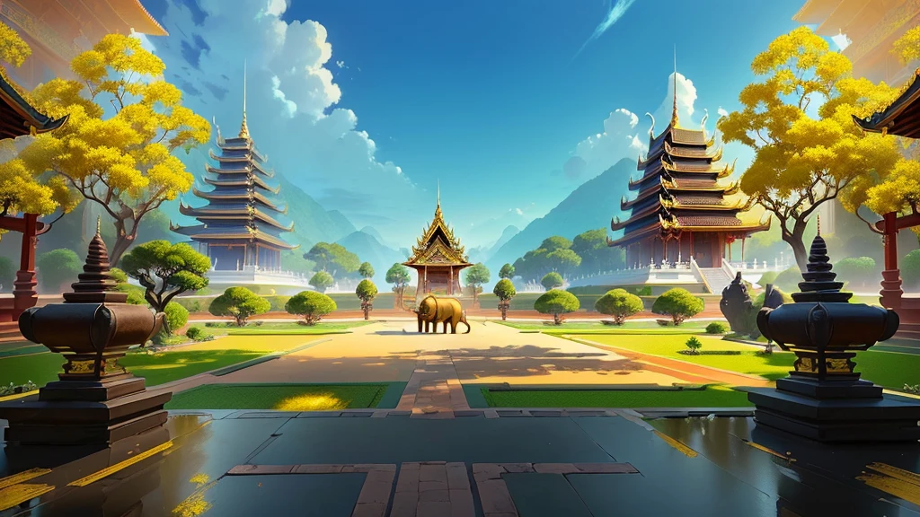 there is a painting of a courtyard with 2 gold elephants statue thailand and thailand temple, arena background, mobile game background, background art, background artwork, palace background, game background, temple background, volley court background, zen temple background, anime background art, royal garden background, amazing wallpaper, anime background, 2 d game art background, park background, anime scenery concept art, videogame background, Cassia fistula, far architect thailand, thailand temple, temple behind, thailand mood, thailand backgound