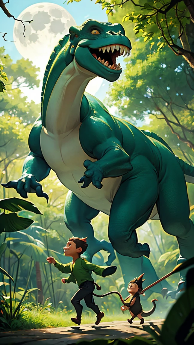 A lush, green forest with Moony, a playful monkey, swinging from the trees, and Dino, a large but gentle dinosaur, walking below. Both look happy and friendly.