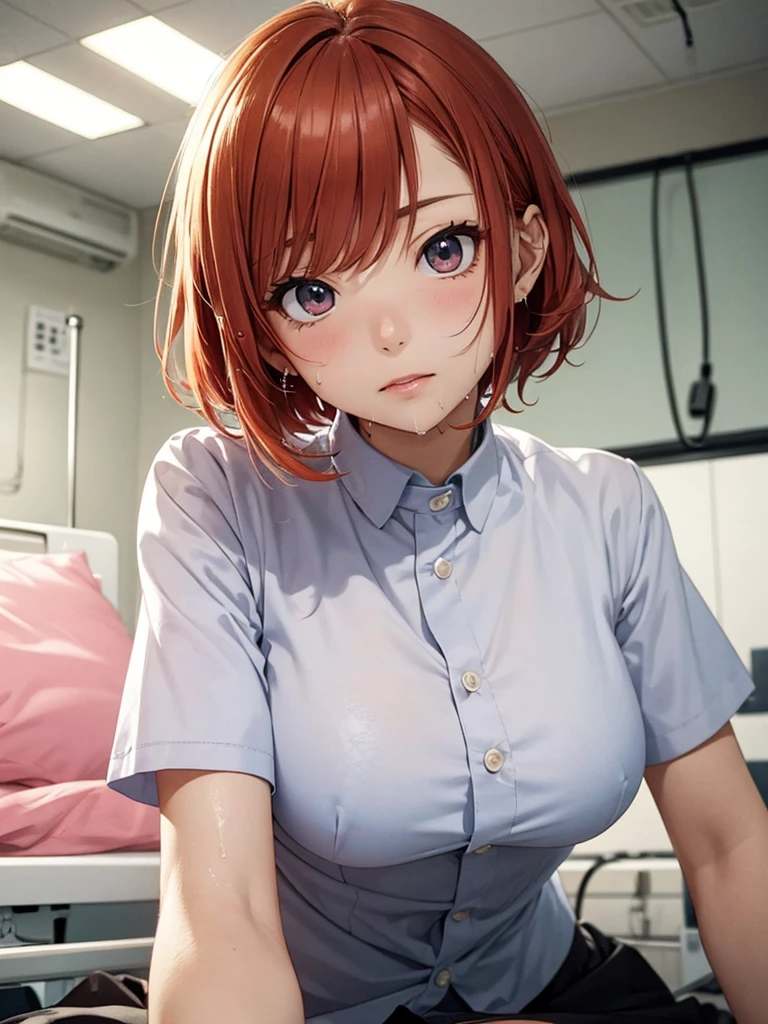 Beautiful young woman, Anime Style, Detailed face, Redhead, Wet Hair, Big eyes, pinkの目, Delicate features,One Girl, alone, nurse, pink, White gloves, Very short hair, Orange Hair, Lying down, ((Hospital room)), Sharp contours, Short sleeve, Tomboy, boyish, Highest quality, masterpiece、No hat、erotic、sexy