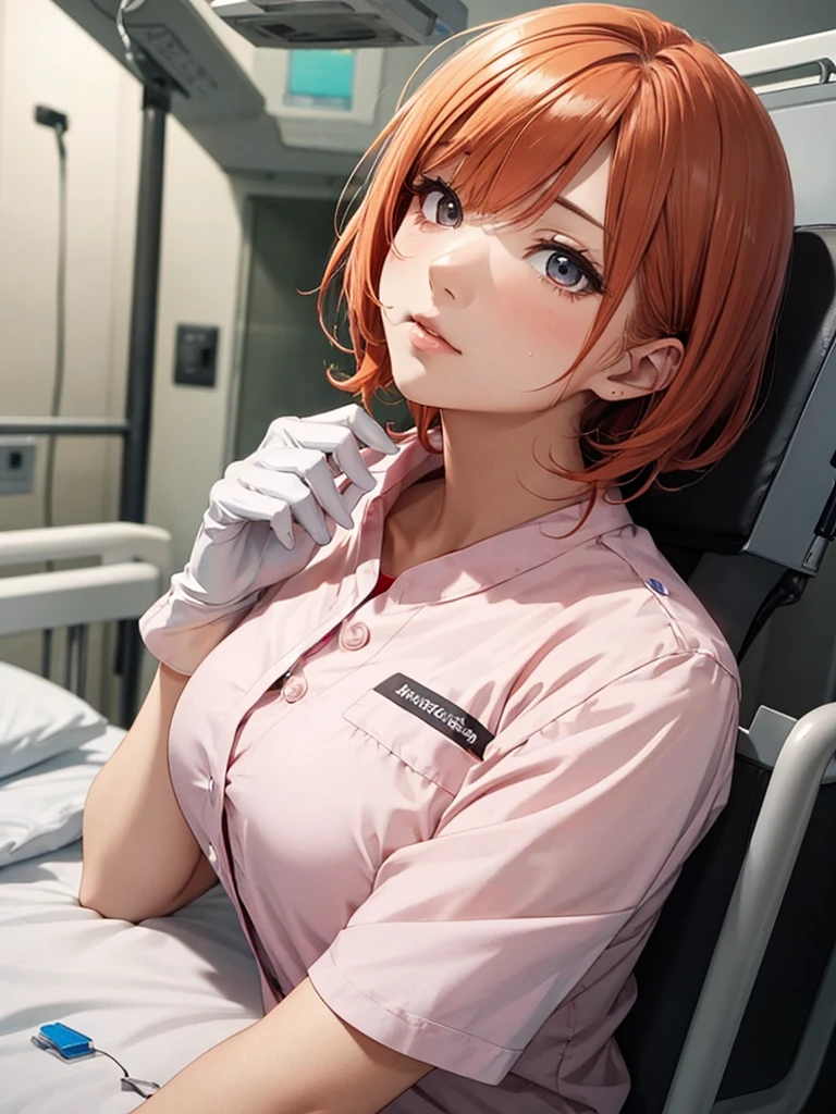 Beautiful young woman, Anime Style, Detailed face, Redhead, Wet Hair, Big eyes, pinkの目, Delicate features,One Girl, alone, nurse, pink, White gloves, Very short hair, Orange Hair, Lying down, ((Hospital room)), Sharp contours, Short sleeve, Tomboy, boyish, Highest quality, masterpiece、No hat、erotic、sexy