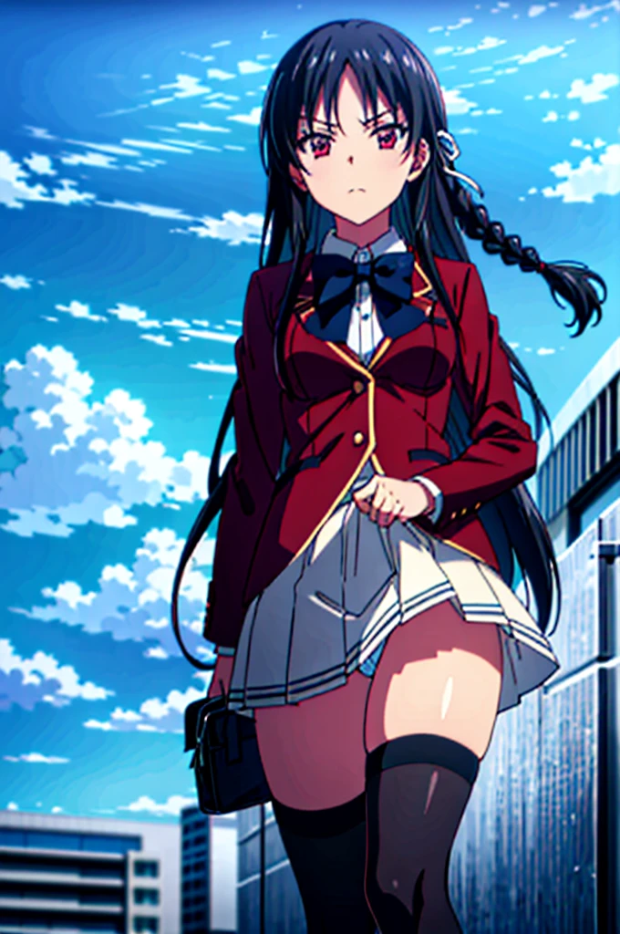 (8k, best quality, masterpiece,ultra detailed, ultra high res:1.2), nsfw, skirt lift, show panties,
1girl,
Suzune Horikita,
Suzune Horikita \(youjitsu\),
long hair, braid,
black hair,
red eyes, slant eyes, small eyes,
blue bow,
medium breasts,
red jacket, long sleeves, white skirt, pleated skirt, black thigh-high socks,
looking at viewer,
cowboy shot, background of outdoor, school building,