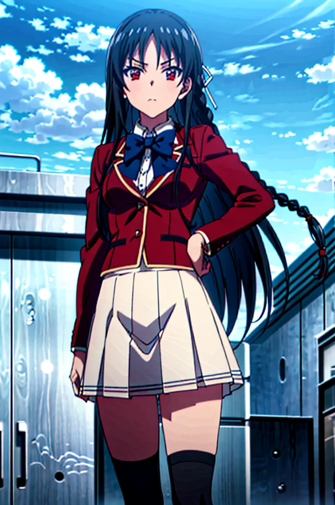 (8k, best quality, masterpiece,ultra detailed, ultra high res:1.2), nsfw, skirt lift, show panties,
1girl,
Suzune Horikita,
Suzune Horikita \(youjitsu\),
long hair, braid,
black hair,
red eyes, slant eyes, small eyes,
blue bow,
medium breasts,
red jacket, long sleeves, white skirt, pleated skirt, black thigh-high socks,
looking at viewer,
cowboy shot, background of outdoor, school building,