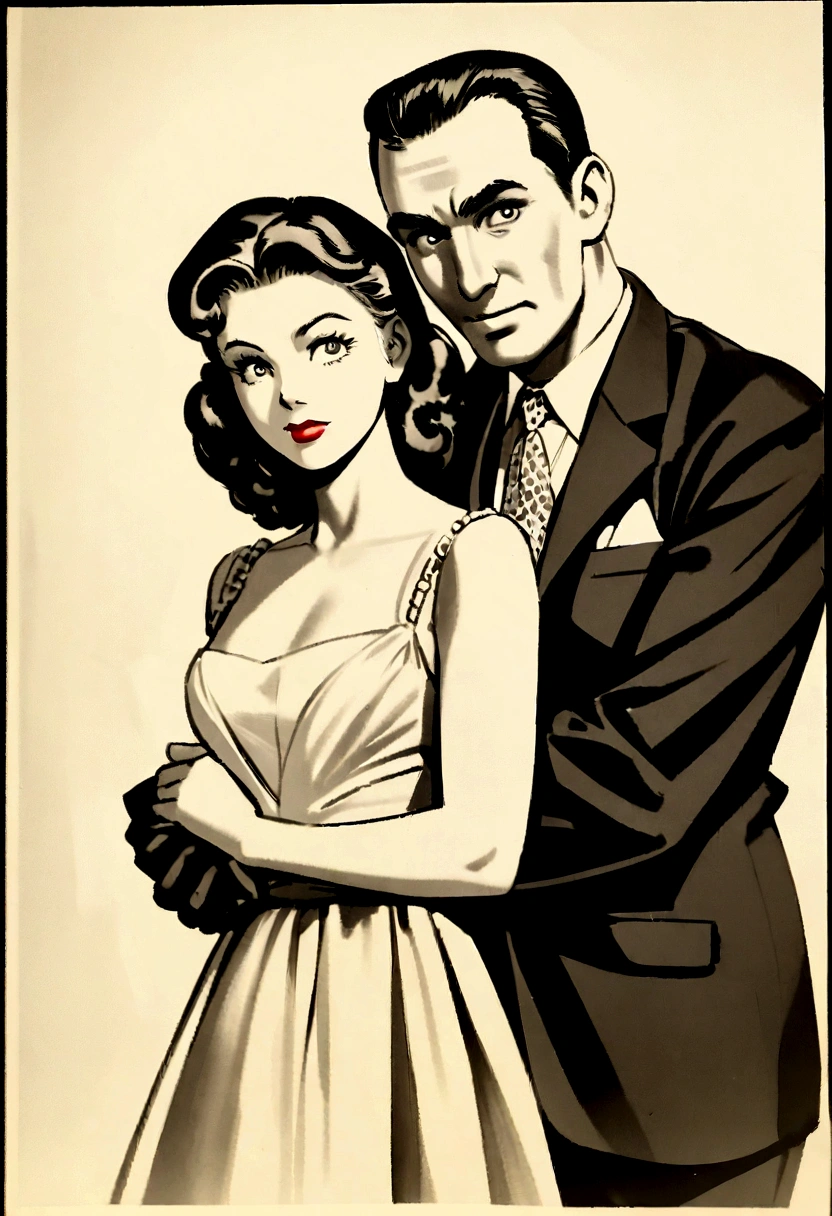 a man is holding a woman in a dress and a suit, vintage noir, publicity photo, old hollywood, poster shot, by Stan Galli, by George Hurrell, noir film, 1940s photo, preston blair, promo photograph, irresistible, film noir, model pose, promo shot, by Pat Adams, by Dennis Ashbaugh, color, man slightly taller than woman