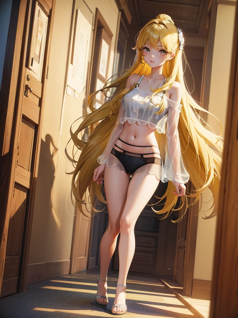 Head, standing in the hallway and wearing only a little sheer lace panties and a crop top, yellow long hair, 3d