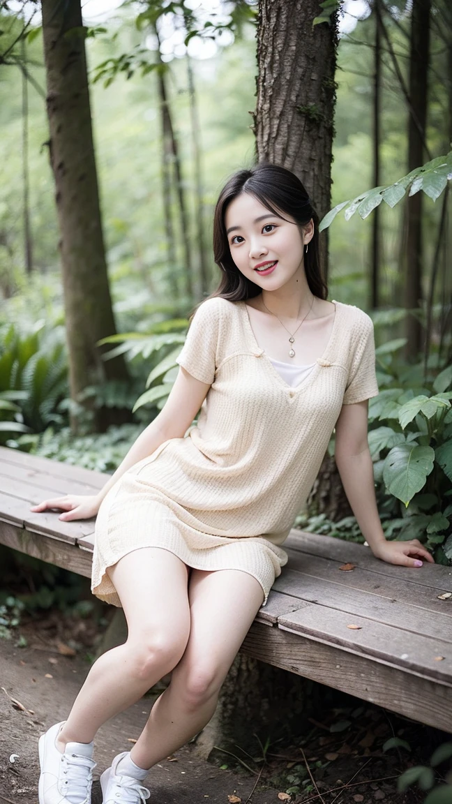 masterpiece, best quality, Surreal, Ultra Detailed, 8k resolution, RAW photos, Clear focus, (A girl in the forest),((((Shift Dress:1.2))))），  Short sleeve, sports Shorts,Full body posture, Solitary, Perfect body, Become a, 32 inches in the chest,(a charming smile:1), (sexy pose)，26 years old, light,((White shoes))
