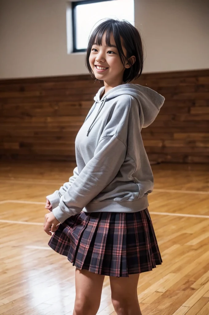 A girl, 15yo, cute smile girl, ((oversized hoodie)), (midi plaid skirt), black pixie cut, (gigantic breasts), in wooden floor school gym, half open mouth, (((looking away))), ((Dancing)), ((Underexpose Lighting)), view from front,