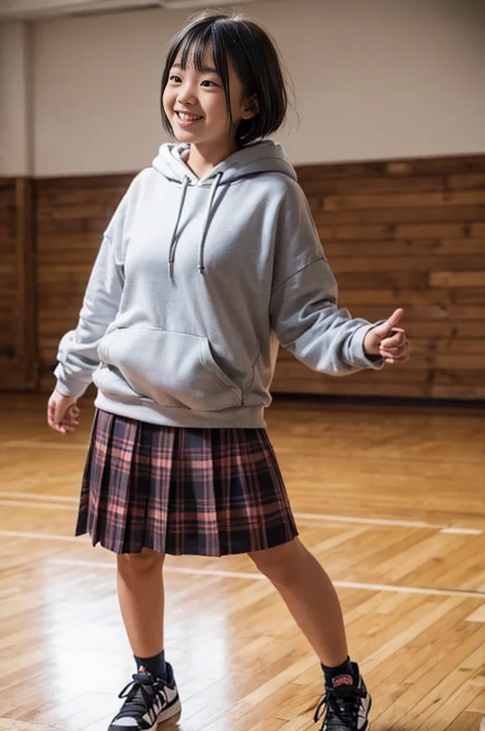 A girl, , cute smile girl, ((oversized hoodie)), (midi plaid skirt), black pixie cut, (gigantic breasts), in wooden floor school gym, half open mouth, (((looking away))), ((Dancing)), ((Underexpose Lighting)), view from front,