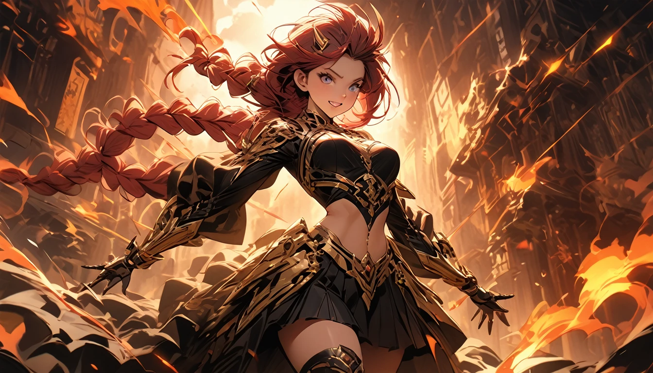 1girl, solo, masterpiece, best quality, 8k, detailed skin texture, detailed polished metal textures, light reflections off of metal surfaces, highly-detailed eyes, extremely detailed face, intricately detailed auburn hair, ultra-detailed mecha exoskeleton, beautifully detailed body, insanely detailed background, bold colors, A stunningly beautiful, extremely fit girl, with a long braided ponytail, wearing full body mechanized body armor is firing two hand cannons. (((Streaks of bright red and orange are coming out of the barrels of both weapons))) (((along with fire and smoke from the bullets exiting the guns at high velocity))). (She has large bright blue eyes):1.3, (a button nose, perfectly shaped lips):1.2, and (immaculate, flawless, brilliant-white teeth):1.15, (((gritted in determination as she battles her enemies))). (((She has a lean waist, an extremely toned midriff):1.31, slender thighs):1.32, slim calves):1.19, and (flawless large breasts):1.42, (there are laser bolts and explosions all around her):1.33, and the scene is very (chaotic:1.3), detailed line work and delicate, flowing brushstrokes, giving the artwork a dreamlike and ethereal quality the art style is heavily influenced by traditional Japanese art and calligraphy, as well as Western art movements such as Art Nouveau and Surrealism, incorporating intricate patterns and decorative elements into the artwork, as well as motifs from nature such as predators, lightning, and fire, featuring a bold palette and vivid shades of red, blue, green, and purple, also using silver and gold mettalic accents to add a sense of opulence and regality.  (((cinematic movie still, masterpiece, best quality, absurd resolution, 8k, Monte Carlo Ray Tracing:1.2, path traced subsurface scattering))), (((HDR, UHD, volumetric lighting, Unreal Engine 5, Unity Engine, Blender, octane render))), (((exquisite subject composition and use of lighting:1.4, exceptional, award-winning shading:1.38, sharp focus:1.35, low angle, 

