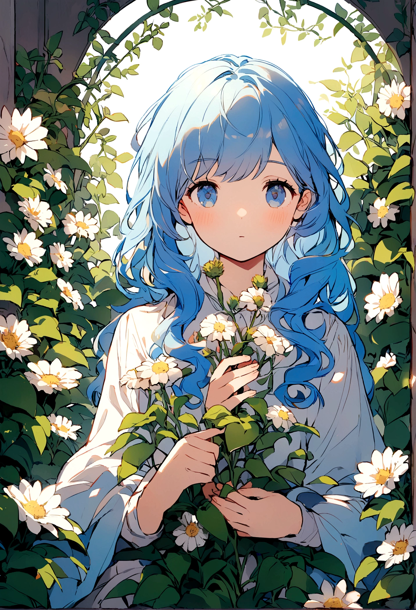 Long blue hair girl with blue eyes, her clothes is white as it being shine down from the sunlight above, she's in a garden where flowers and plant growning nicely, the asmophere felt like comfortable