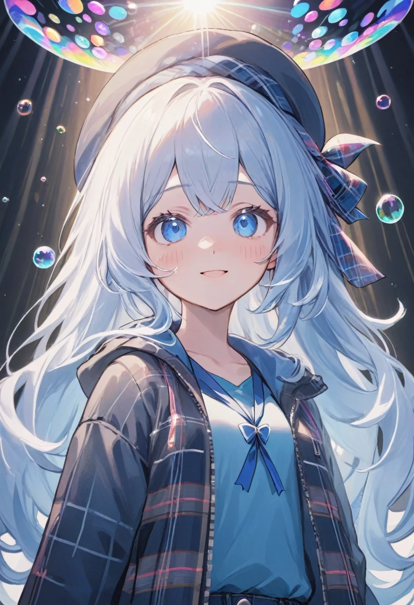 furina,1girl, blue eyes, solo, hat, long hair, looking at viewer, smile, blue hair, bangs, bubble, hair between eyes, white hair, , closed mouth, multicolored hair, light rays, ribbon, virtual youtuber, gem(best quality), Instead of furina's default outfit, she's wearing a plaid jacket and jeans, Otaku, 