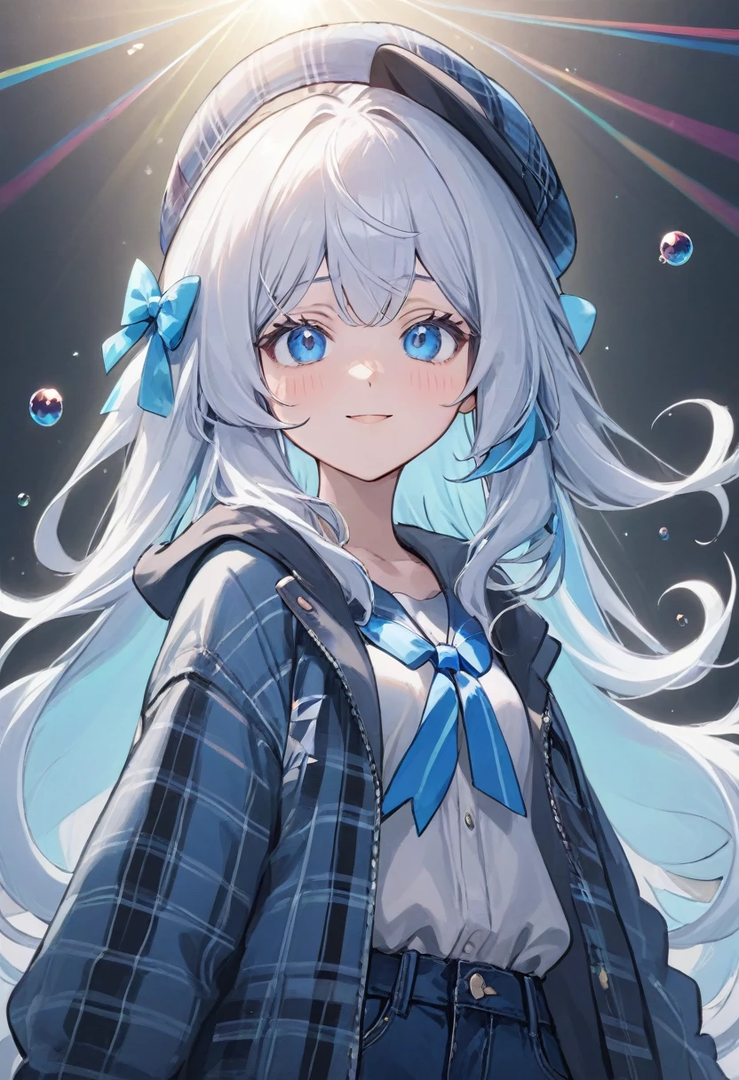 furina,1girl, blue eyes, solo, hat, long hair, looking at viewer, smile, blue hair, bangs, bubble, hair between eyes, white hair, , closed mouth, multicolored hair, light rays, ribbon, virtual youtuber, gem(best quality), Instead of furina's default outfit, she's wearing a plaid jacket and jeans, Otaku,