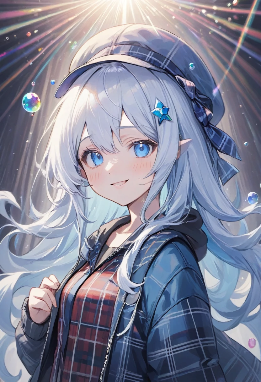 furina,1girl, blue eyes, solo, hat, long hair, looking at viewer, smile, blue hair, bangs, bubble, hair between eyes, white hair, , closed mouth, multicolored hair, light rays, ribbon, virtual youtuber, gem(best quality), Instead of furina's default outfit, she's wearing a plaid jacket and jeans, Otaku, 