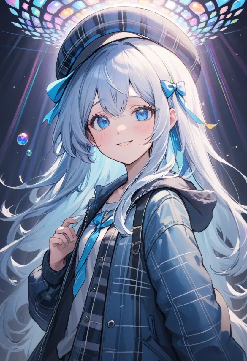 furina,1girl, blue eyes, solo, hat, long hair, looking at viewer, smile, blue hair, bangs, bubble, hair between eyes, white hair, , closed mouth, multicolored hair, light rays, ribbon, virtual youtuber, gem(best quality), Instead of furina's default outfit, she's wearing a plaid jacket and jeans, Otaku, 