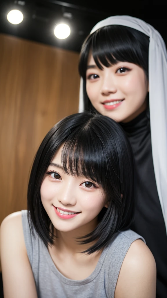 Black Hair、Shortcuts、23 years old、One girl、Fujifilm、X-S10、35mm、Prime Lenses、Studio Lighting、Dimly lit room、Gal Makeup、smile、looking at the camera、