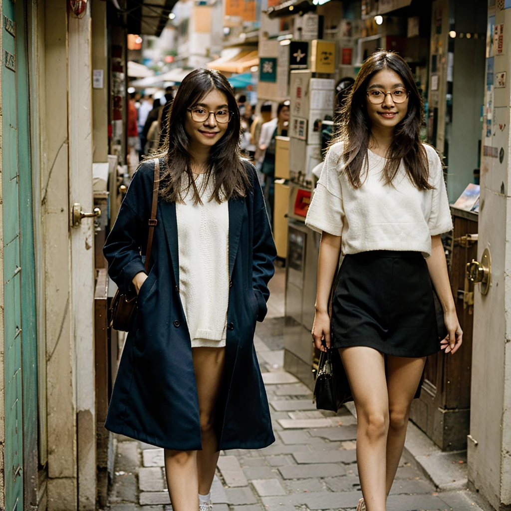 Fashionable Chinese long-haired intellectual beauty walks along the city streets with a sweet smile，Wearing vintage glasses，busy city background，Natural Light，HD photography style
