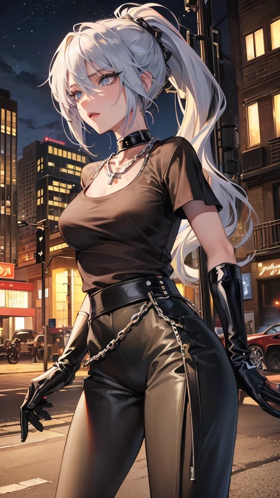 Photograph of the upper body of a beautiful woman, , big breasts), (small waist, perfect body), Sharp focus, (tall body, mature woman), ((Looking ahead)), (Highly detailed skin, hair follicles:1.4,) (long ponytail hairstyle, blue eyes) , (black t-shirt:1.47),(green pants),chain , There are tears. , Cross necklace , wearing a black leather jacket, cross chain, city scenery , punk , night light , high quality ,cold expression, one leather gloves , biker style