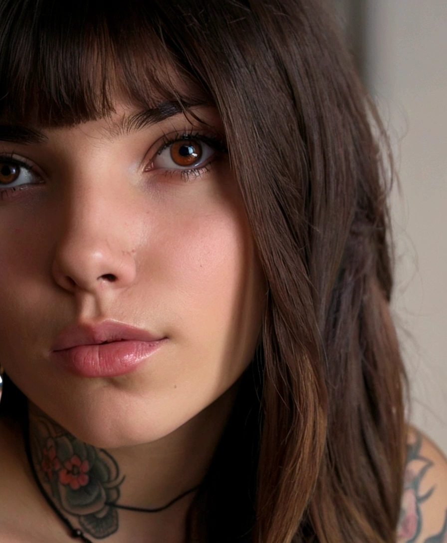 a close-up of a woman with a piercing in her neck, piercing de septo, piercing no nariz, piercing de nariz, portrait ultra detailed, medium close-up portrait, tattoos and piercings, bright piercing brown eyes, the absurdly beautiful face, with long hair and piercing eyes, piercing brown eyes, face piercings, close-up full face portrait