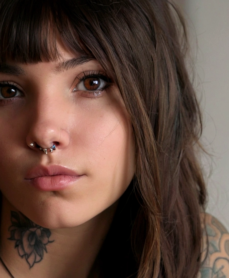 a close-up of a woman with a piercing in her neck, piercing de septo, piercing no nariz, piercing de nariz, portrait ultra detailed, medium close-up portrait, tattoos and piercings, bright piercing brown eyes, the absurdly beautiful face, with long hair and piercing eyes, piercing brown eyes, face piercings, close-up full face portrait