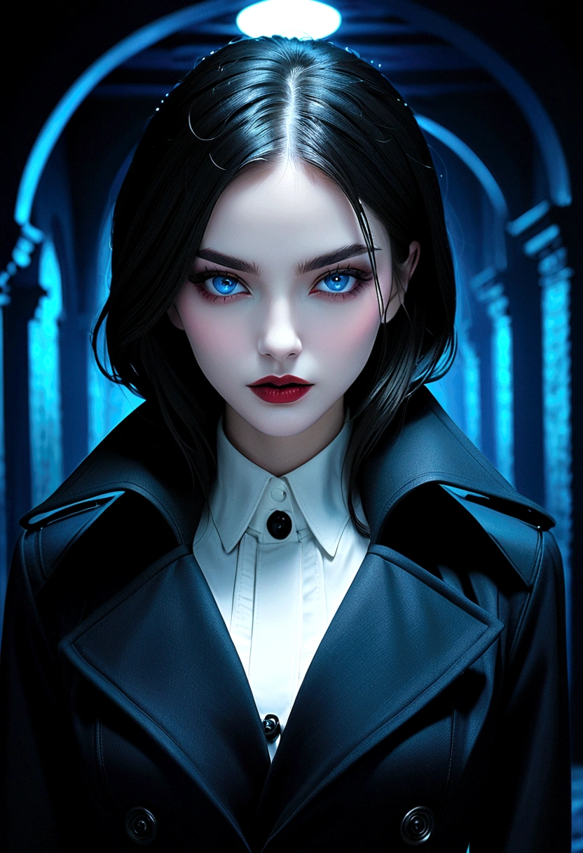 ((masterpiece)), Surreal, A beautiful white vampire (Black trench coat), Dark Makeup, Bright blue eyes, In a dark environment.