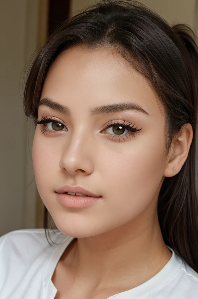 A girl 19 year old . she is cute she is studying cma . Her nose is sharp while looking side face but while frend look not much thine . Chuppy cheeks . But she is not fat . Thicker eye brows . She has long hair to her hips not perfect jawline . Eye are dark brown so beautiful when she but eyeliner . Forehead we can put 4 finger distance but side only one finger distance