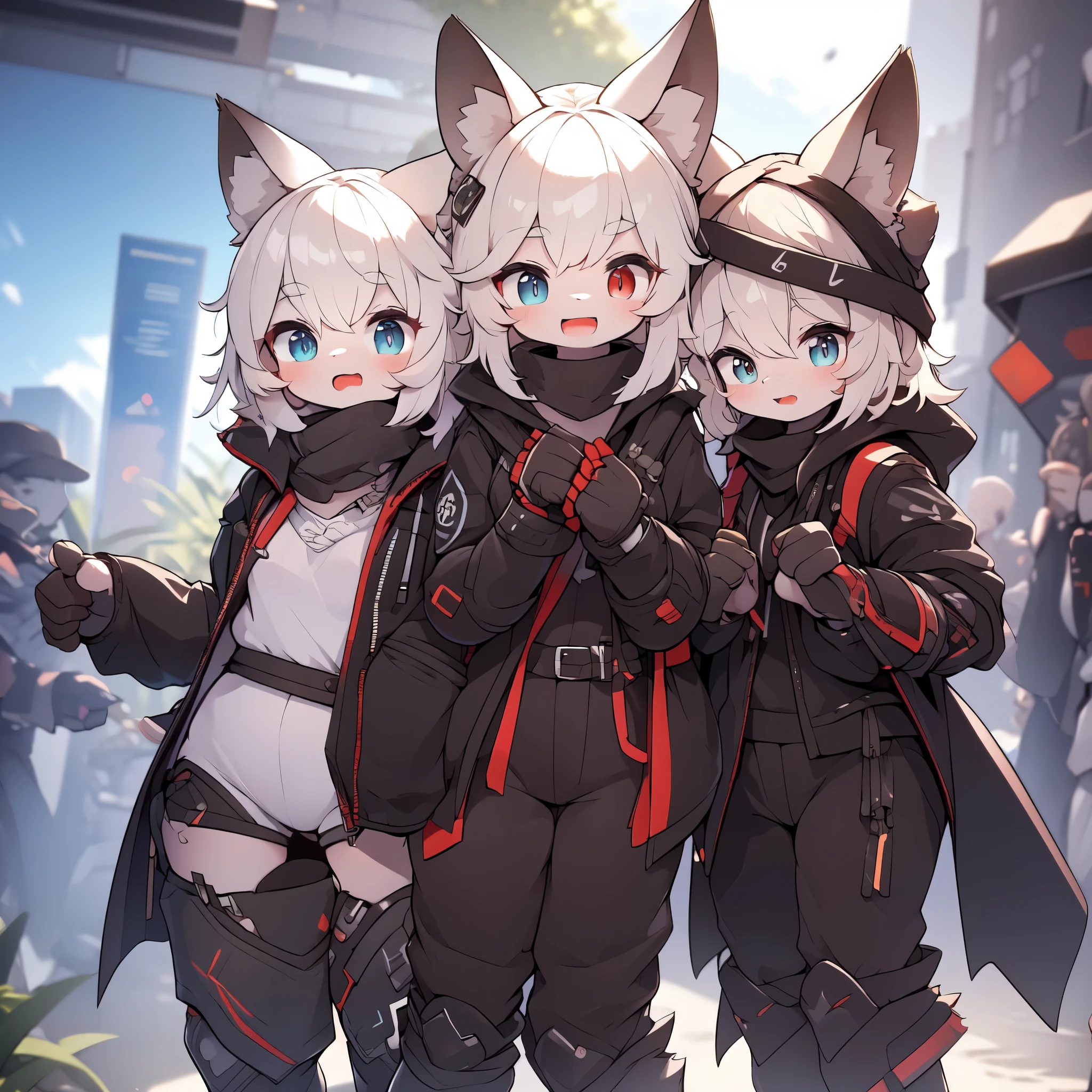 Kawaii, Striped Fluffy Fox, emaciated, long hair, 3girls, artificial synthetic skin, life support prosthetics, digital headphones, black tight latex bodysuit, white long dress, thigh-high-socks, shorts, loose off-the-shoulder hood open jacket, holsters in thigh, Mechanical boots, tactical knee pads, tactical belted loose Arm Sleeves, cybernetic Display gloves, chest rigs, tactical belts, blue archive halo, bulletproof goggles on forehead, from Ark nights, ray tracing, depth of field, bloom, masterpiece, ccurate, high details, highres