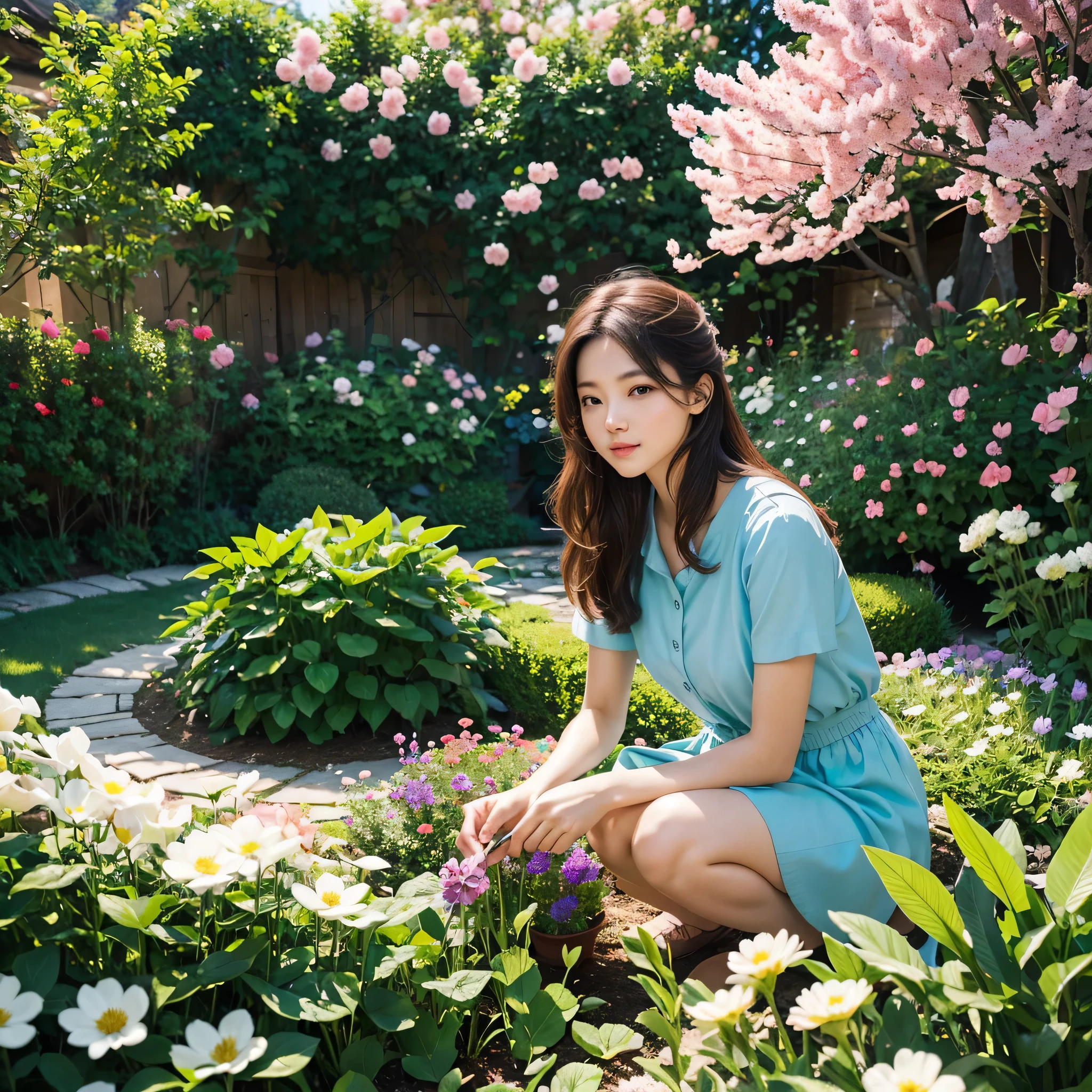 spring has arrived, a beautiful girl is busy taking care of flowers in the small garden in her yard, sunlight exposure, warm color, vibrant, beauty, peaceful, high quality, Ultra HD, 4k, 8k, hyper detailed, extreme detail description