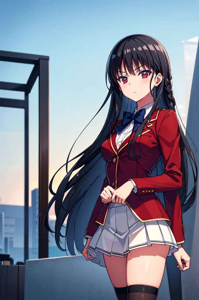 (8k, best quality, masterpiece,ultra detailed, ultra high res:1.2), nsfw, skirt lift, show panties,
1girl,
Suzune Horikita,
Suzune Horikita \(youjitsu\),
long hair, braid,
black hair,
red eyes, slant eyes, small eyes,
blue bow,
medium breasts,
red jacket, long sleeves, white skirt, pleated skirt, black thigh-high socks,
looking at viewer,
cowboy shot, background of outdoor, school building,