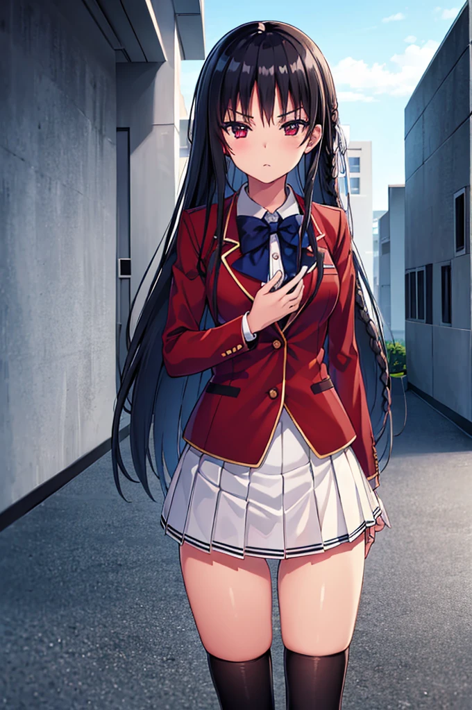 (8k, best quality, masterpiece,ultra detailed, ultra high res:1.2), nsfw, skirt lift, show panties, 
1girl, 
Suzune Horikita, 
Suzune Horikita \(youjitsu\),
long hair, braid, 
black hair, 
red eyes, slant eyes, small eyes, 
blue bow, 
medium breasts, 
red jacket, long sleeves, white skirt, pleated skirt, black thigh-high socks, 
looking at viewer, 
cowboy shot, background of outdoor, school building, 