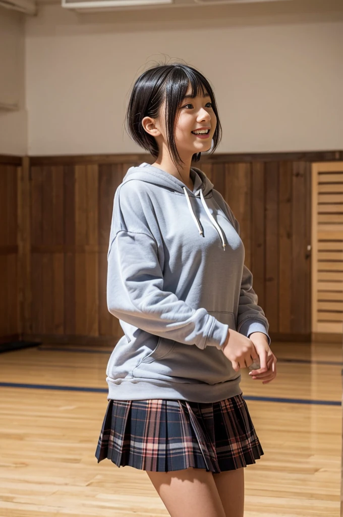 A girl, 15yo, cute smile girl, ((oversized hoodie)), (midi plaid skirt), black pixie cut, (huge breasts), in wooden floor school gym, half open mouth, (((looking away))), ((Dancing)), ((Underexpose Lighting)), view from front, 