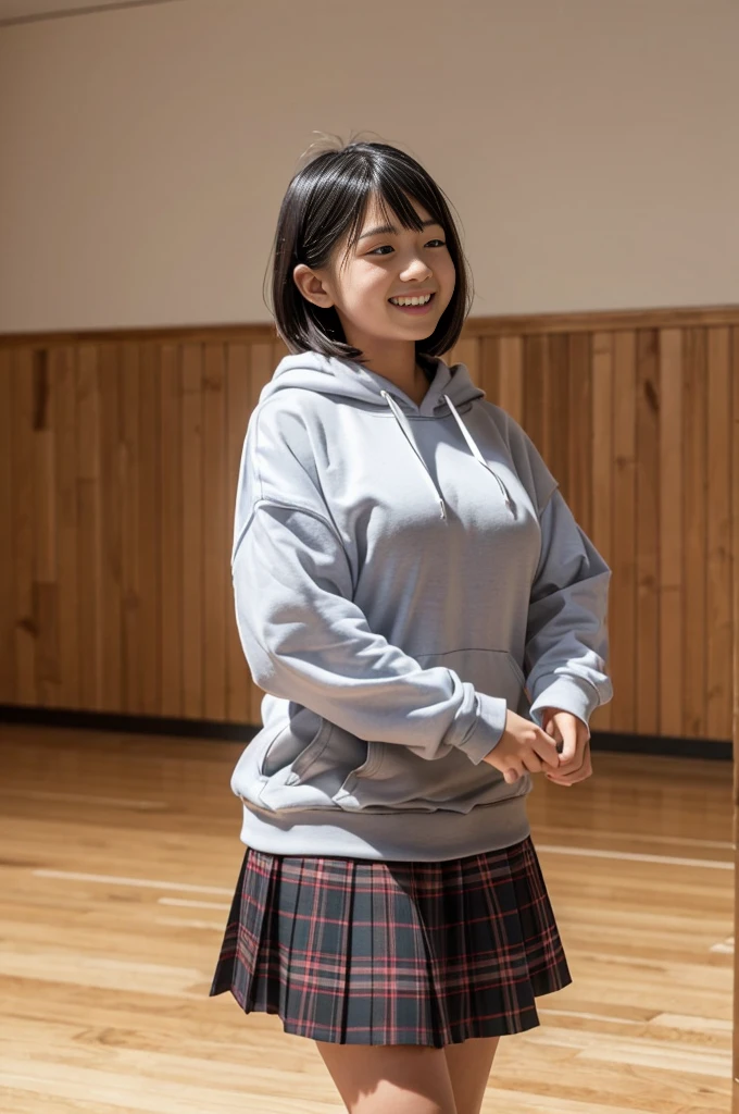 A girl, , cute smile girl, ((oversized hoodie)), (midi plaid skirt), black pixie cut, (huge breasts), in wooden floor school gym, half open mouth, (((looking away))), ((Dancing)), ((Underexpose Lighting)), view from front,