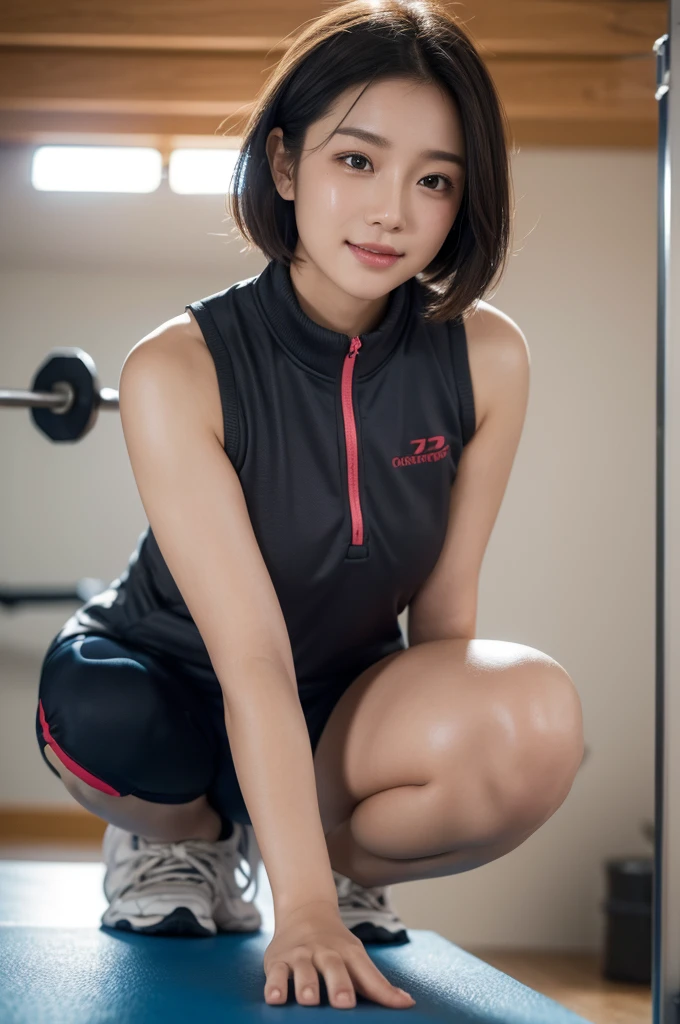 Highly detailed CG Unity 8k wallpaper, Highest quality, Very detailed, On the table, Practical, Photorealism, Very detailed的可爱的女孩, 25 years old, cleveage , (Sweating) , Round eyes, Peeping at the audience, blush, Smile, Open lips, Half-length photo , Practical、Sportswear、Practical reproduction with vests , , squat, sports gym, short hair