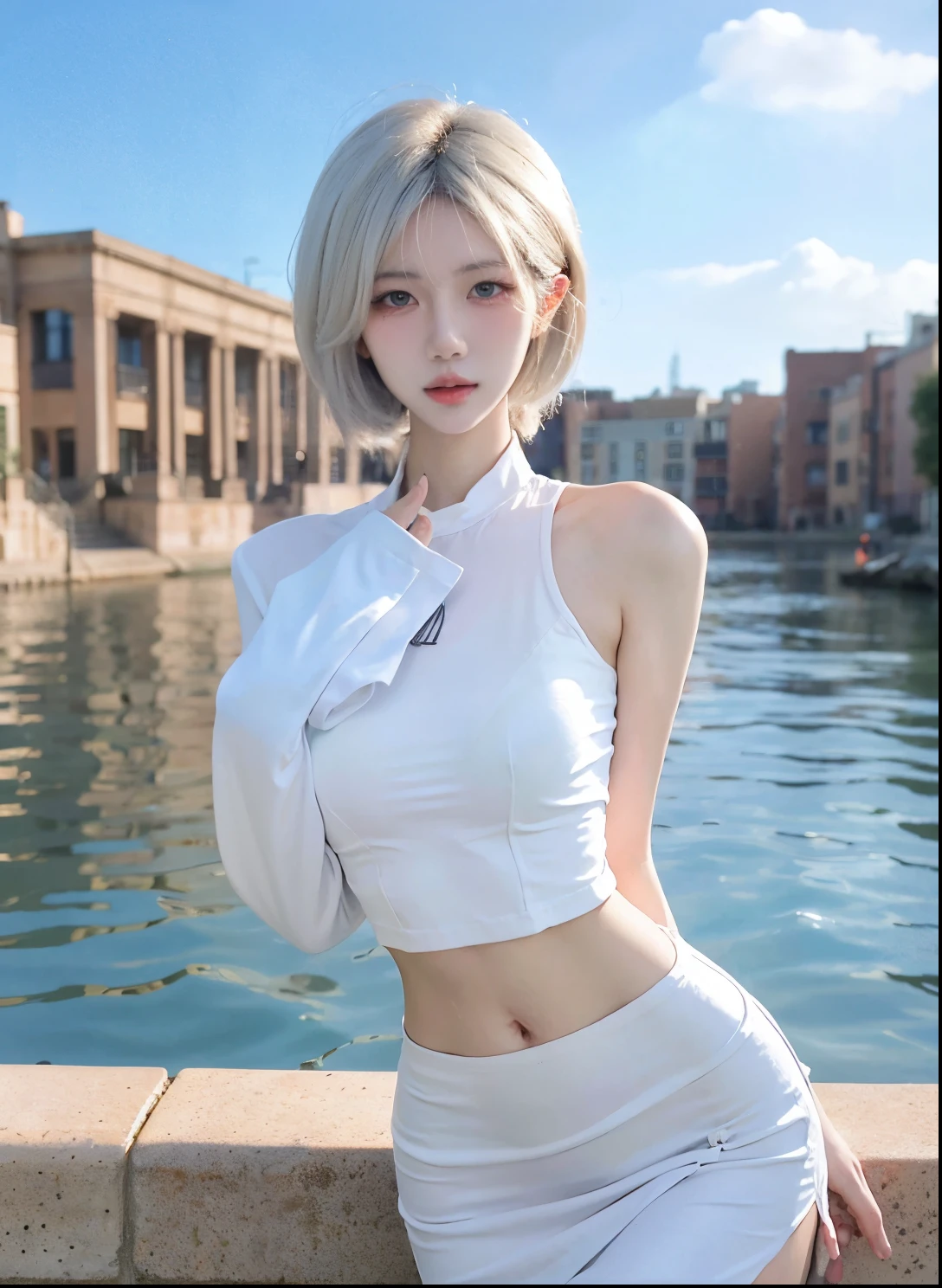 Beautiful woman with perfect figure:1.4，Swimming background，Desert Background，Ultra-high resolution，Seductive laughter，wear glasses，White legs，（lifelike：1.4），Layered Hairstyle，White皮肤，Super short pleated skirt，whole body，Very delicate face and skin texture，Double eyelids，Skin Whitening，Long hair，White hair，White，