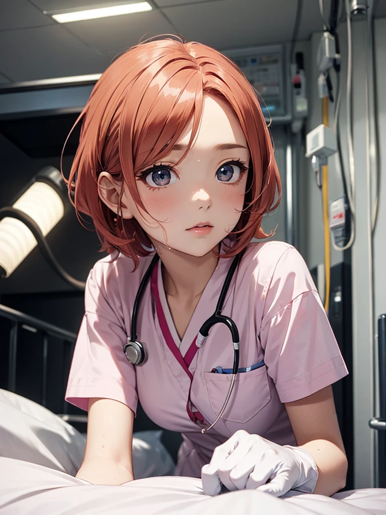 Beautiful young woman, Anime Style, Detailed face, Redhead, Wet Hair, Big eyes, pinkの目, Delicate features,One Girl, alone, nurse, pink, White gloves, Very short hair, Orange Hair, Lying down, ((Hospital room)), Sharp contours, Short sleeve, Tomboy, boyish, Highest quality, masterpiece、No hat、erotic、sexy