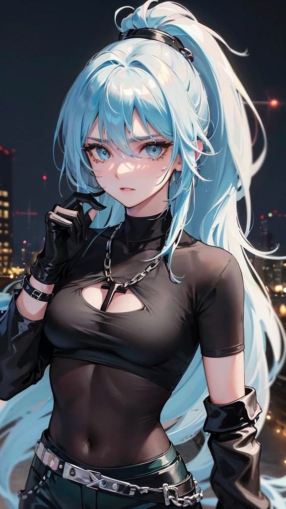 Photograph of the upper body of a beautiful woman, , big breasts), (small waist, perfect body), Sharp focus, (tall body, mature woman), ((Looking ahead)), (Highly detailed skin, hair follicles:1.4,) (long ponytail hairstyle, blue eyes) , (black t-shirt:1.47),(green pants),chain , There are tears. , Cross necklace , wearing a black leather jacket, cross chain, city scenery , punk , night light , high quality ,cold expression, one leather gloves , biker style