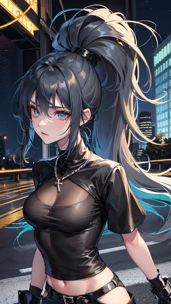 Photograph of the upper body of a beautiful woman, , big breasts), (small waist, perfect body), Sharp focus, (tall body, mature woman), ((Looking ahead)), (Highly detailed skin, hair follicles:1.4,) (long ponytail hairstyle, blue eyes) , (black t-shirt:1.47),(green pants),chain , There are tears. , Cross necklace , wearing a black leather jacket, cross chain, city scenery , punk , night light , high quality ,cold expression, one leather gloves , biker style